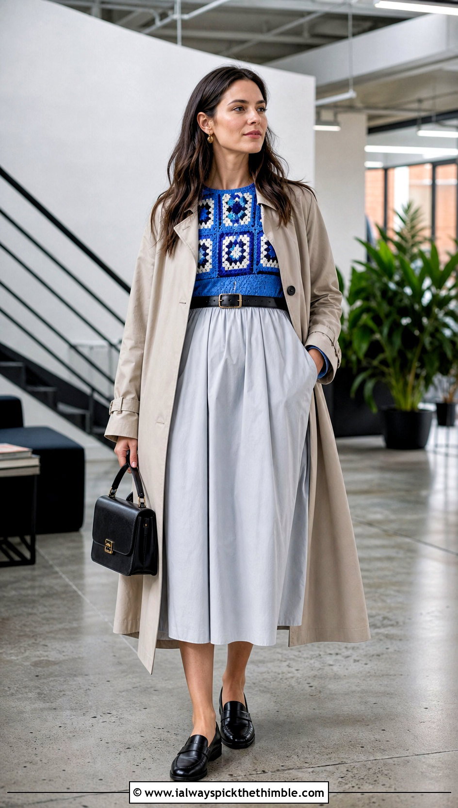 Granny Square Yoke Poplin Dress With Loafers - 20 fabric and crochet dress outfit ideas