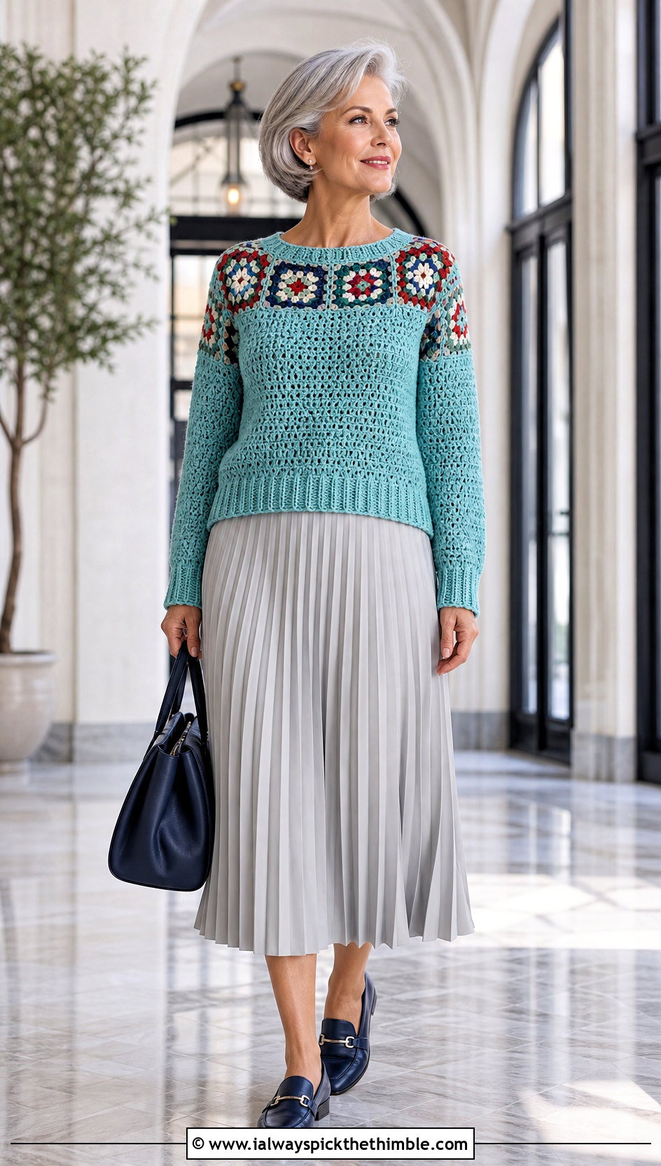 Granny Square Yoke Sweater With Pleated Midi Skirt - 20 crochet sweater with granny squares outfit ideas