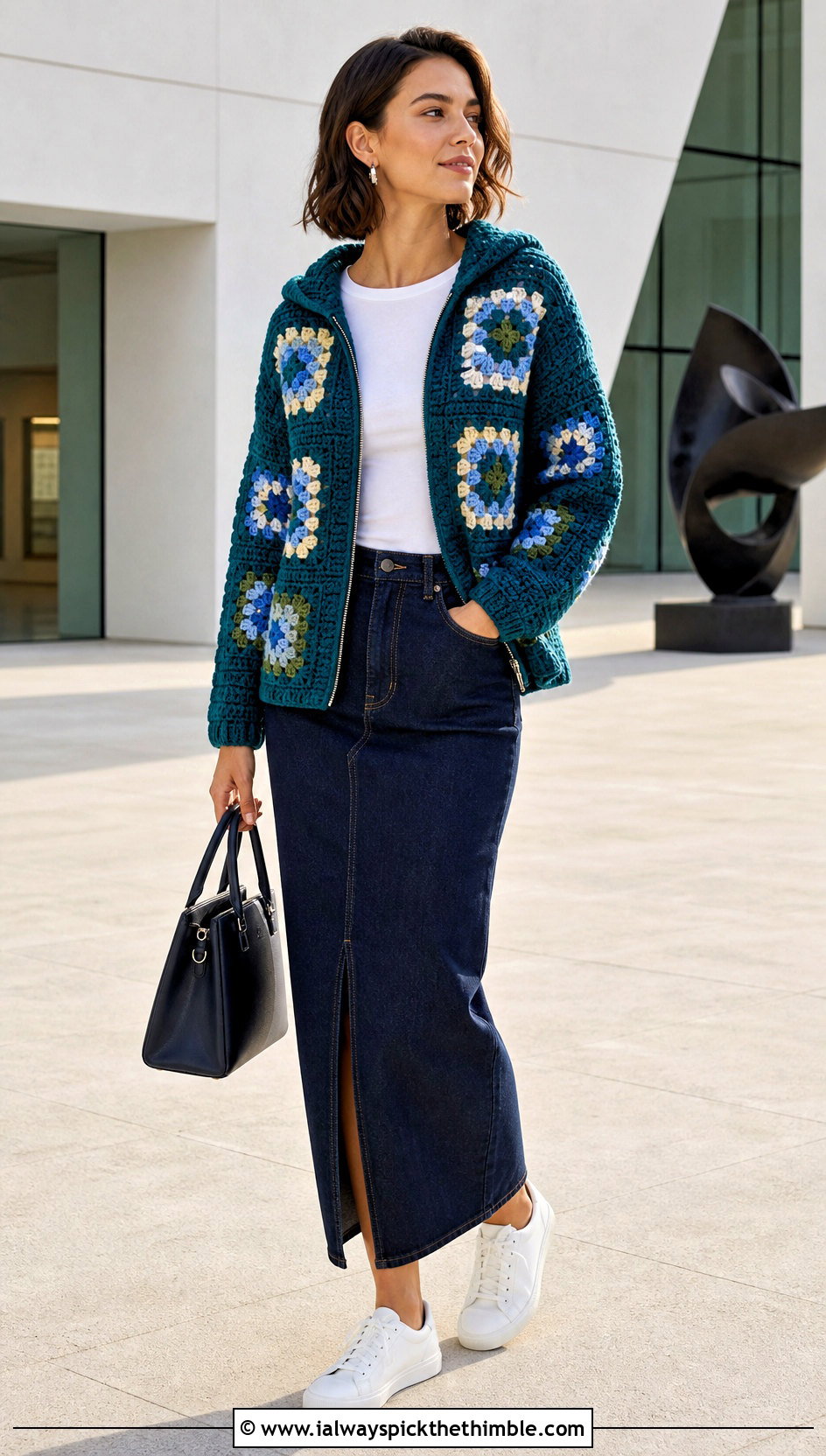Granny Square Zip Up Chunky Crochet Hoodie With Denim Skirt - 20 crochet chunky hoodie outfit ideas