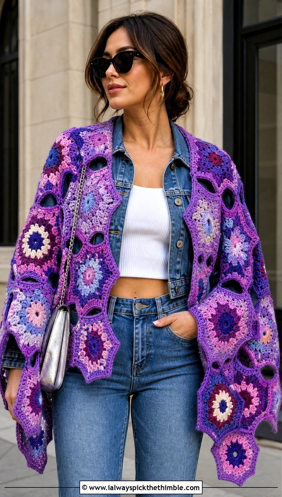 Granny Star Motif Crochet Shawl With Denim Jacket - 20 star crochet shawl outfit ideas