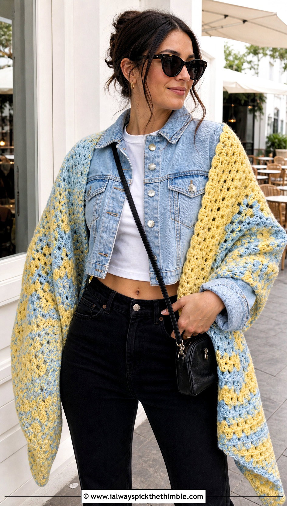 Granny Stitch Asymmetrical Crochet Shawl With Denim Jacket - 20 asymmetrical crochet shawl outfit ideas