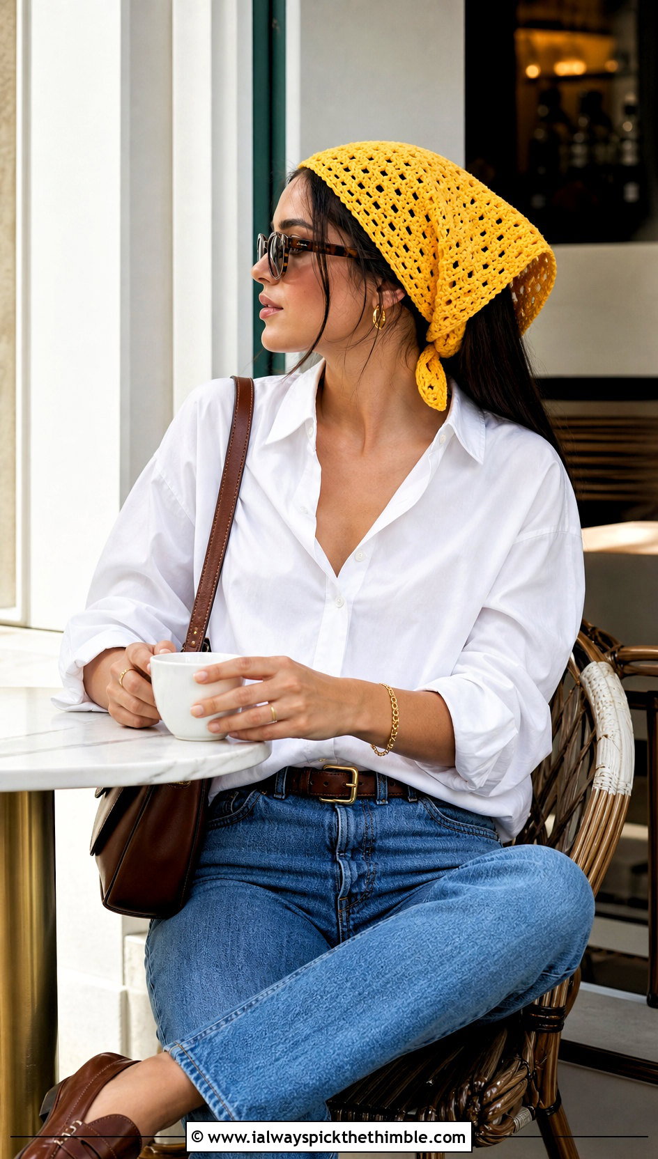 Granny Stitch Bandana Crochet Scarf With White Shirt And Jeans - 20 Bandana Crochet Scarf outfit ideas