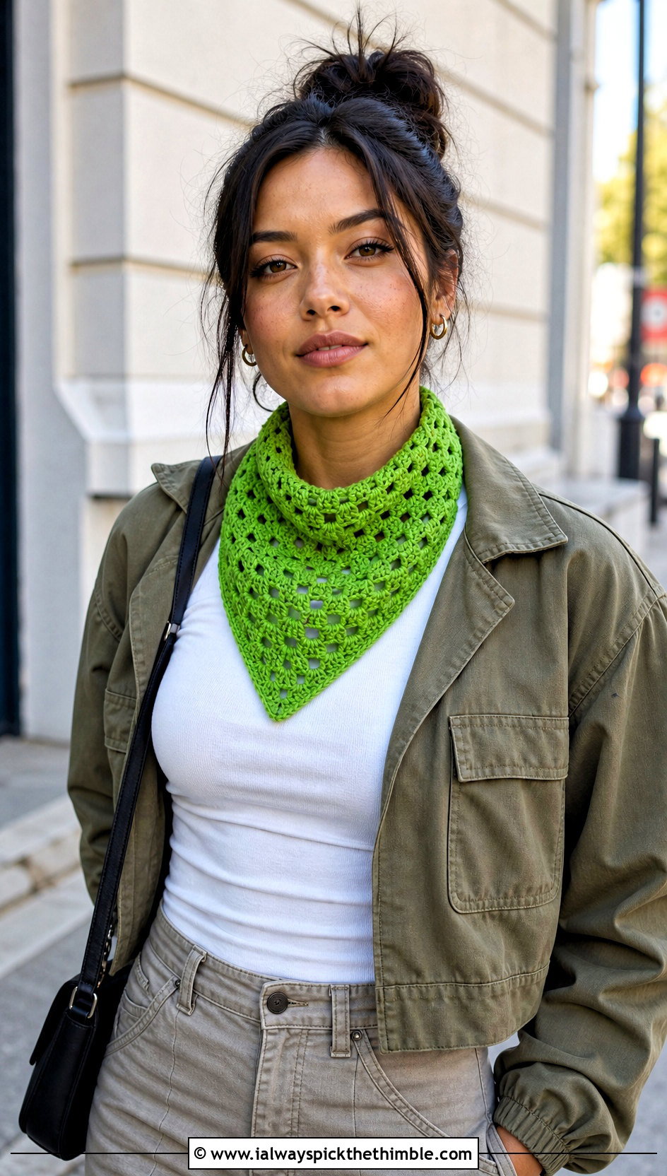 Granny Stitch Bandana Scarf With Cargo Pants - 20 crochet granny stitch scarf outfit ideas