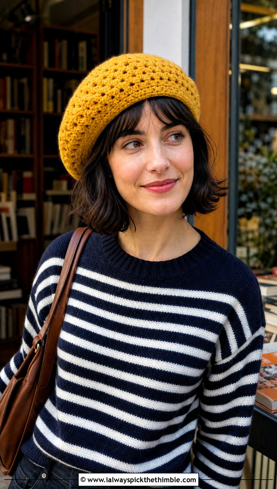 Granny Stitch Beret With Striped Sweater And Tailored Jeans - 20 crochet granny stitch hat outfit ideas