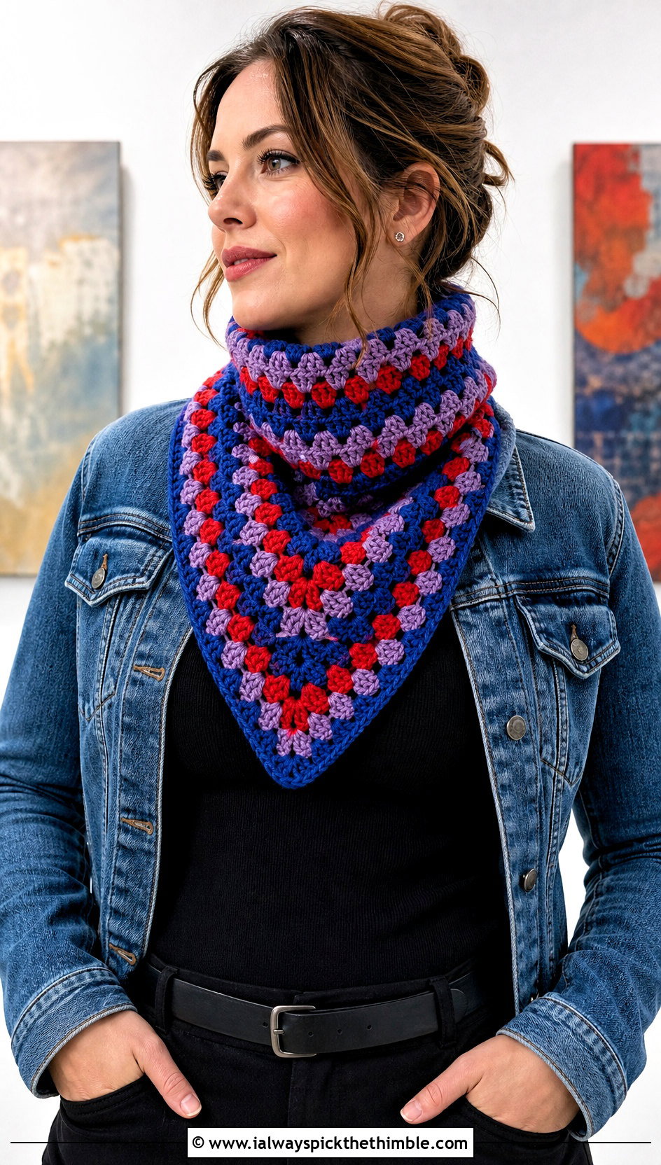 Granny Stitch Bib Crochet Turtleneck Cowl With Denim Jacket - 20 Crochet Turtleneck Cowl outfit ideas