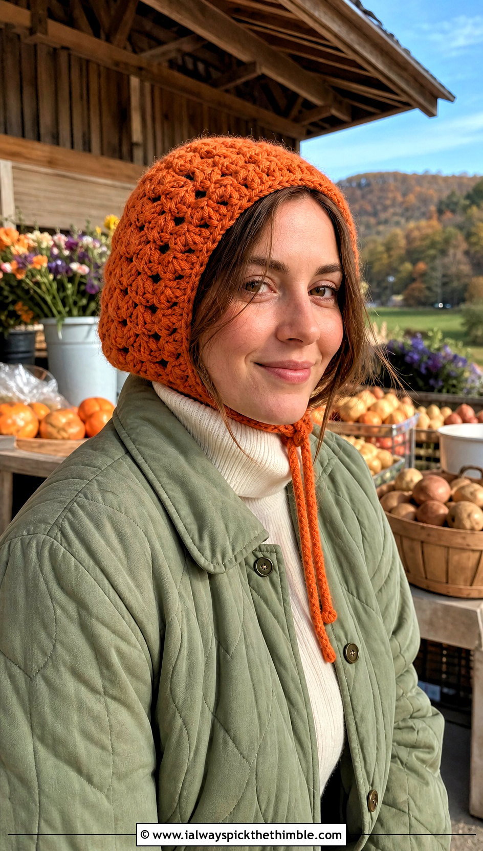 Granny Stitch Bonnet With Quilted Jacket And Corduroy Pants - 20 crochet granny stitch hat outfit ideas