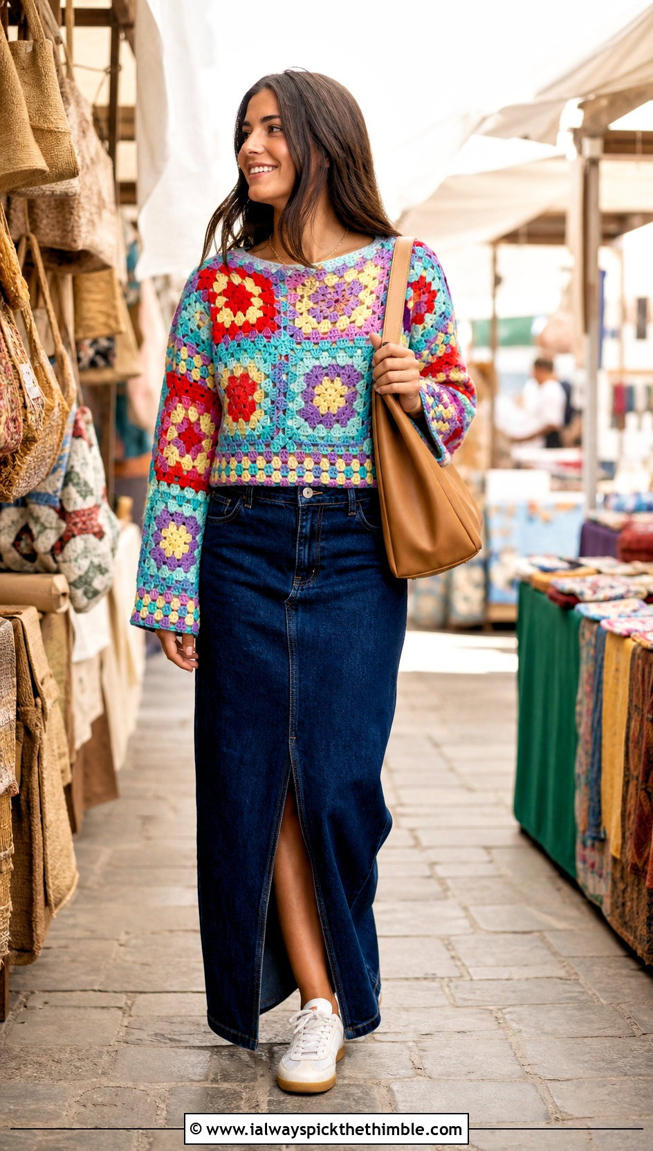 Granny Stitch Bottom Up Crochet Sweater With Denim Maxi Skirt - 20 bottom up crochet sweater outfit ideas