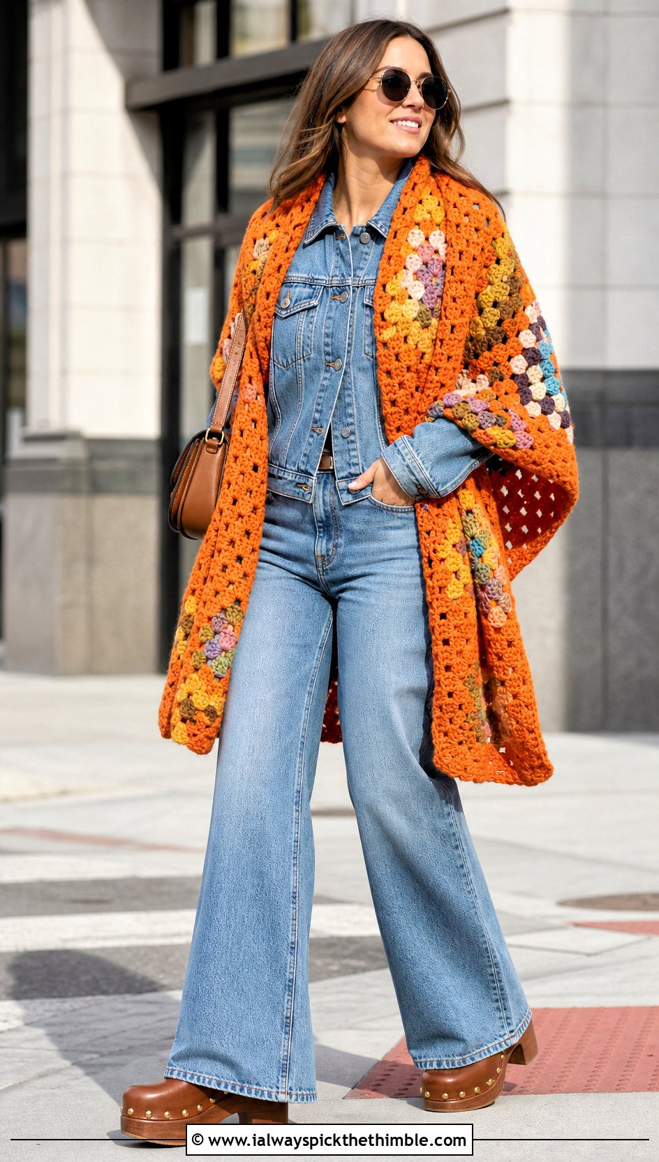 Granny Stitch Bulky Yarn Crochet Shawl With Double Denim - 20 Bulky Yarn Crochet Shawl outfit ideas