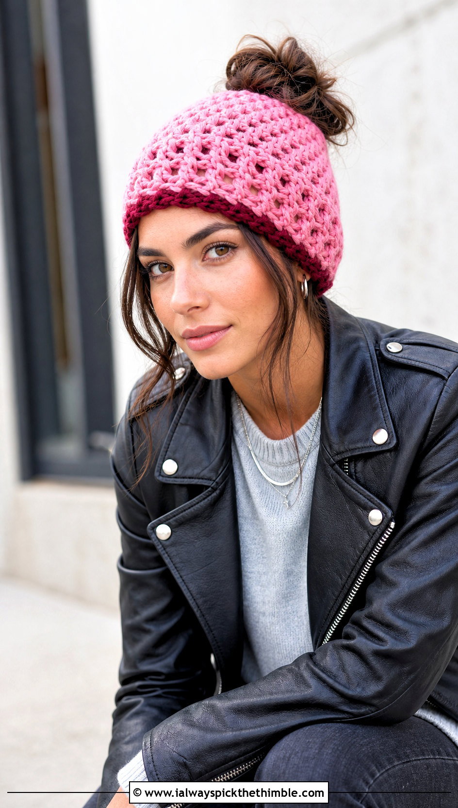 Granny Stitch Bun Hat With Leather Jacket - 15 bun crochet hat outfit ideas