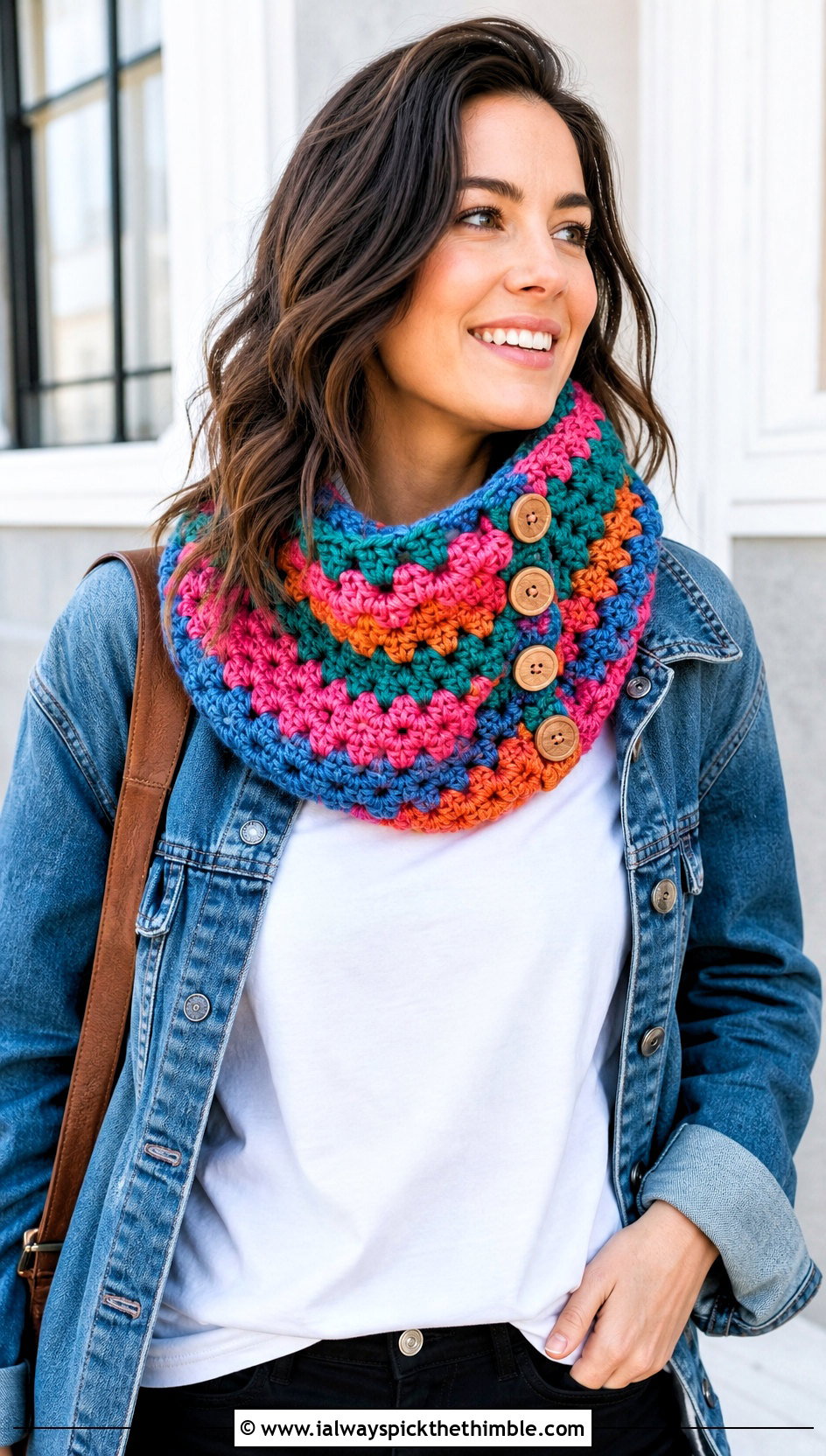 Granny Stitch Button Cowl With Denim Jacket - 20 crochet button cowl outfit ideas