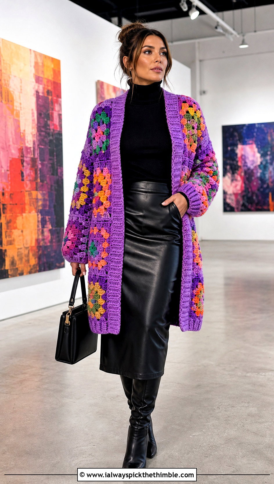 Granny Stitch Campfire Cardigan With Leather Midi Skirt - 20 crochet campfire cardigan outfit ideas