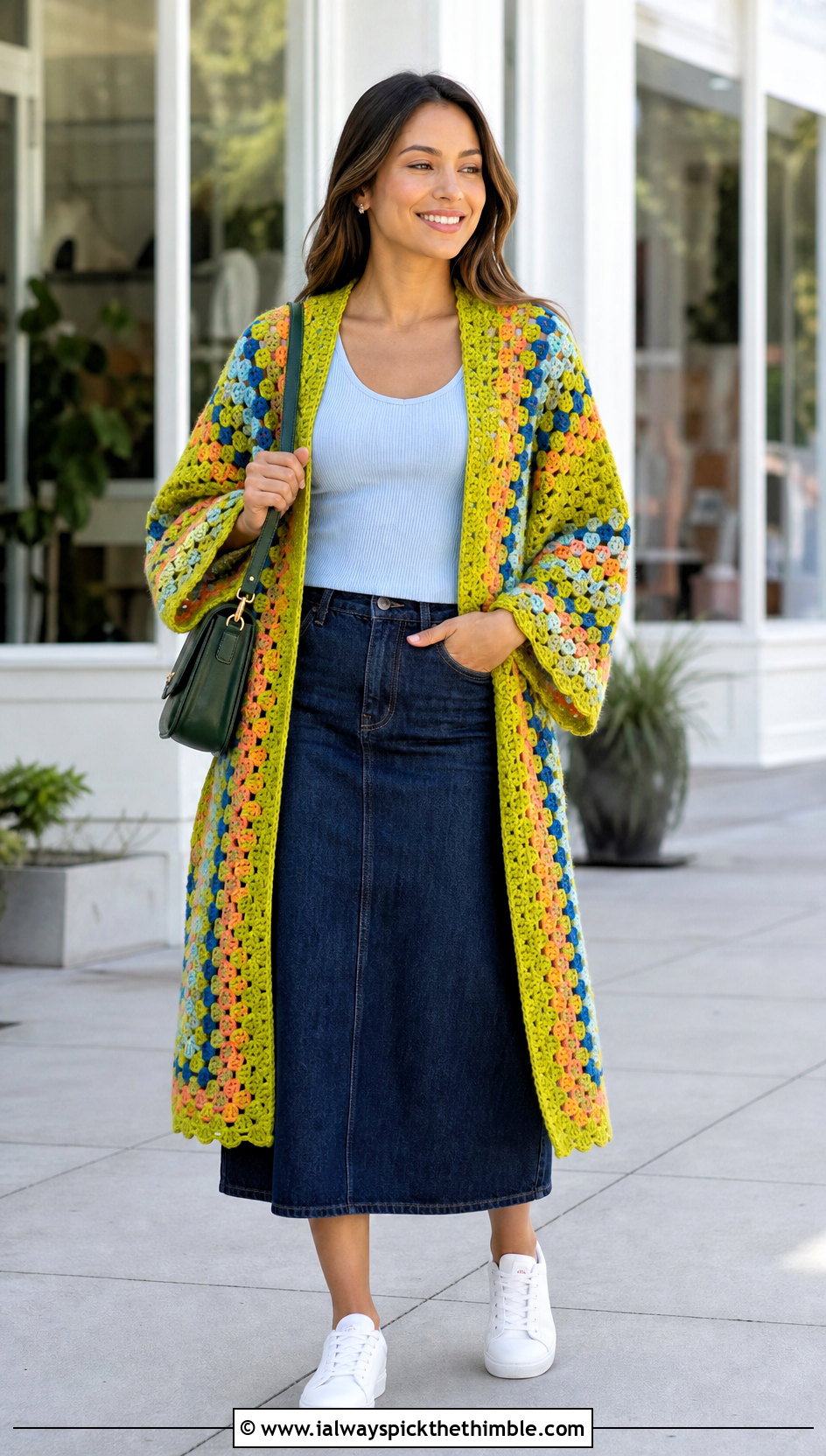 Granny Stitch Cascade Crochet Cardigan With Denim Skirt - 15 cascade crochet cardigan outfit ideas
