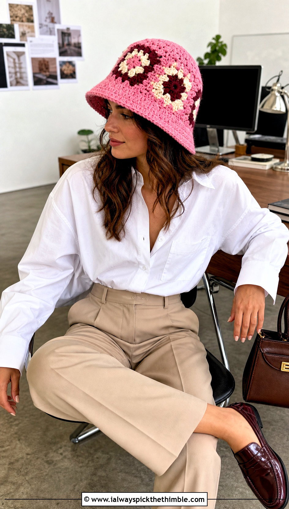 Granny Stitch Chunky Bucket Hat With White Shirt And Trousers - 20 crochet chunky bucket hat outfit ideas