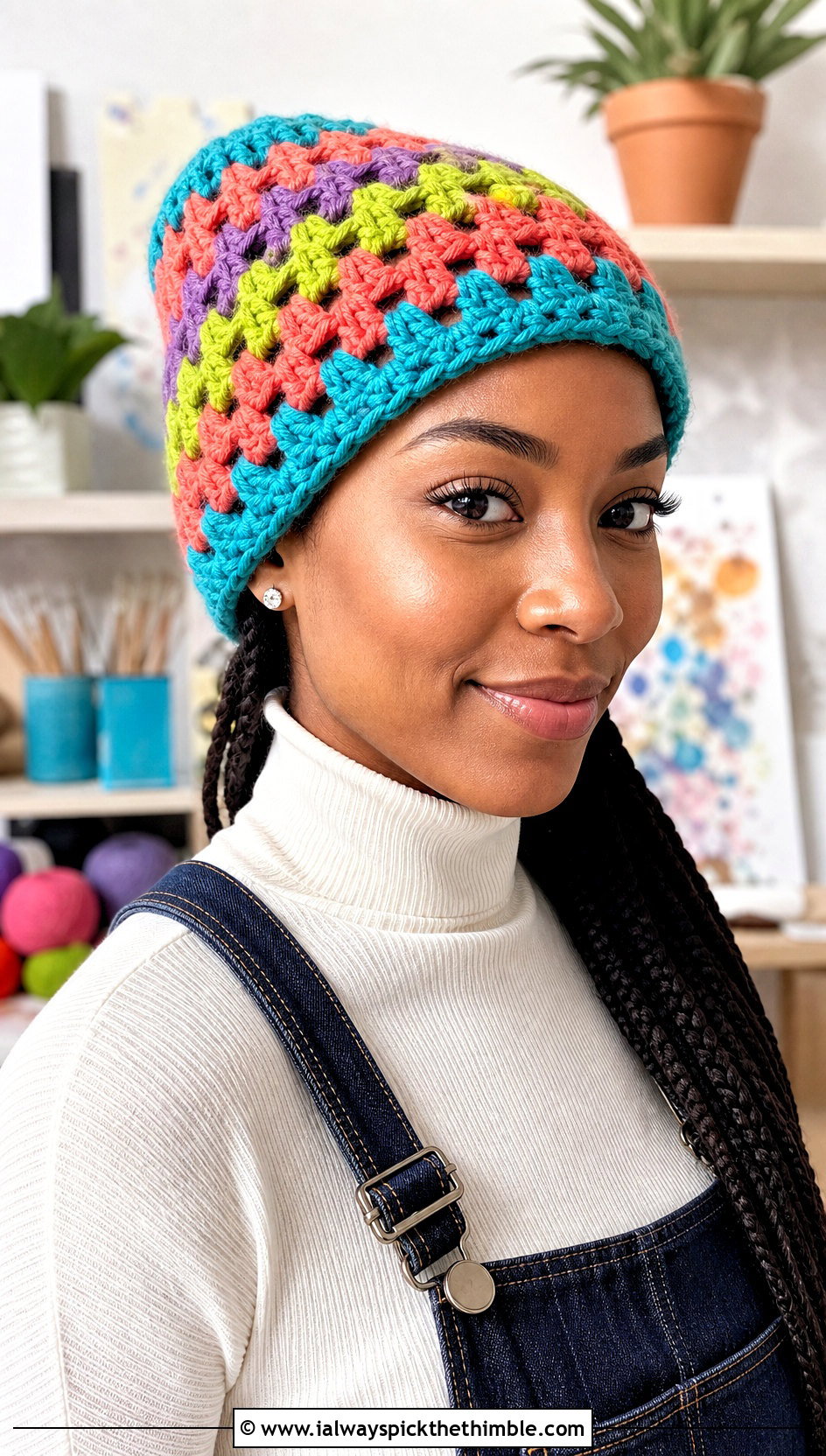 Granny Stitch Chunky Crochet Beanie With Denim Overalls And Turtleneck - 20 Easy Chunky Crochet Hat outfit ideas