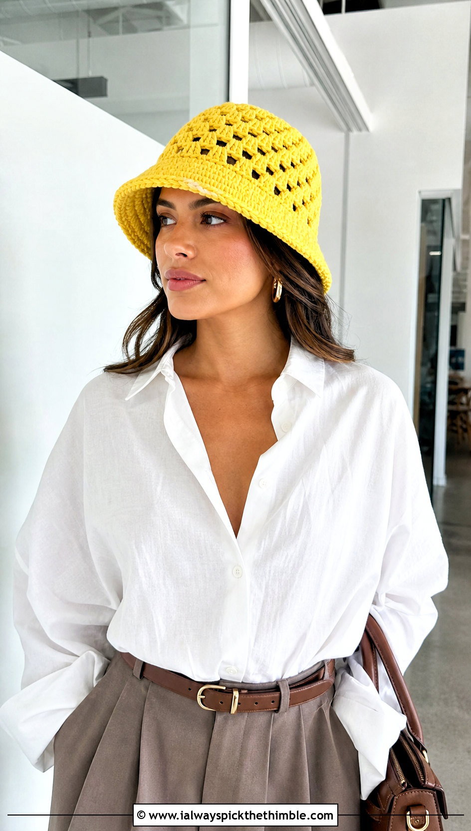 Granny Stitch Chunky Crochet Bucket Hat With Tailored Trousers - 20 Chunky Crochet Bucket Hat outfit ideas