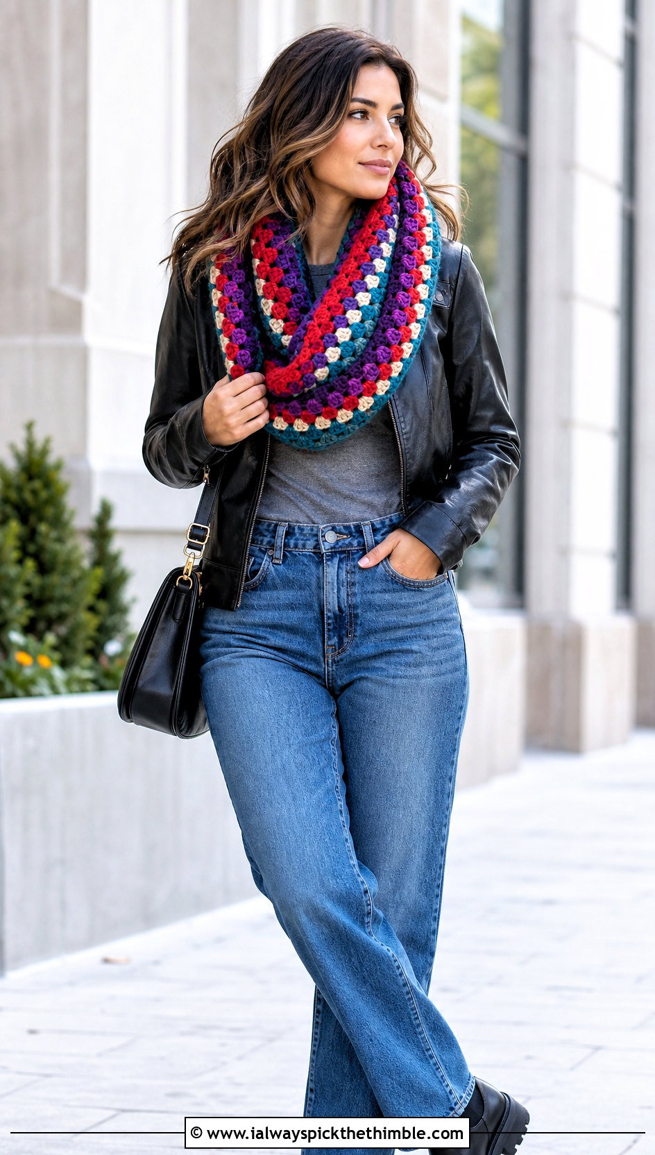 Granny Stitch Chunky Crochet Infinity Scarf With Leather Jacket - 20 Chunky Crochet Infinity Scarf outfit ideas