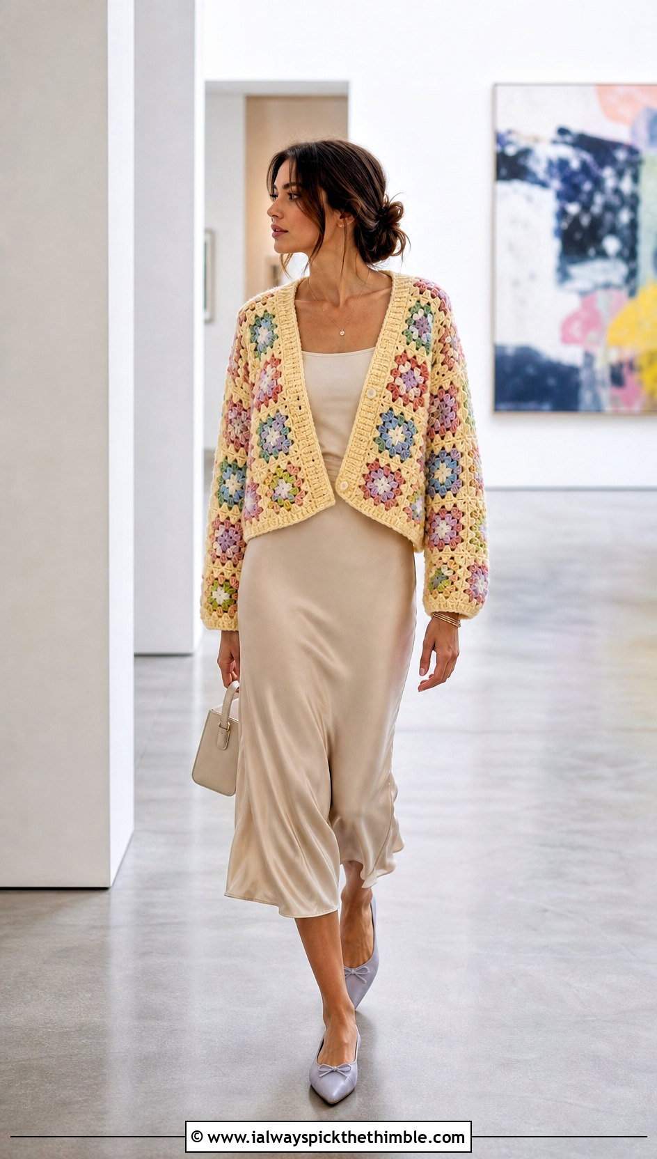 Granny Stitch Chunky Cropped Cardigan With Satin Midi Skirt - 15 Crochet Chunky Cropped Cardigan outfit ideas