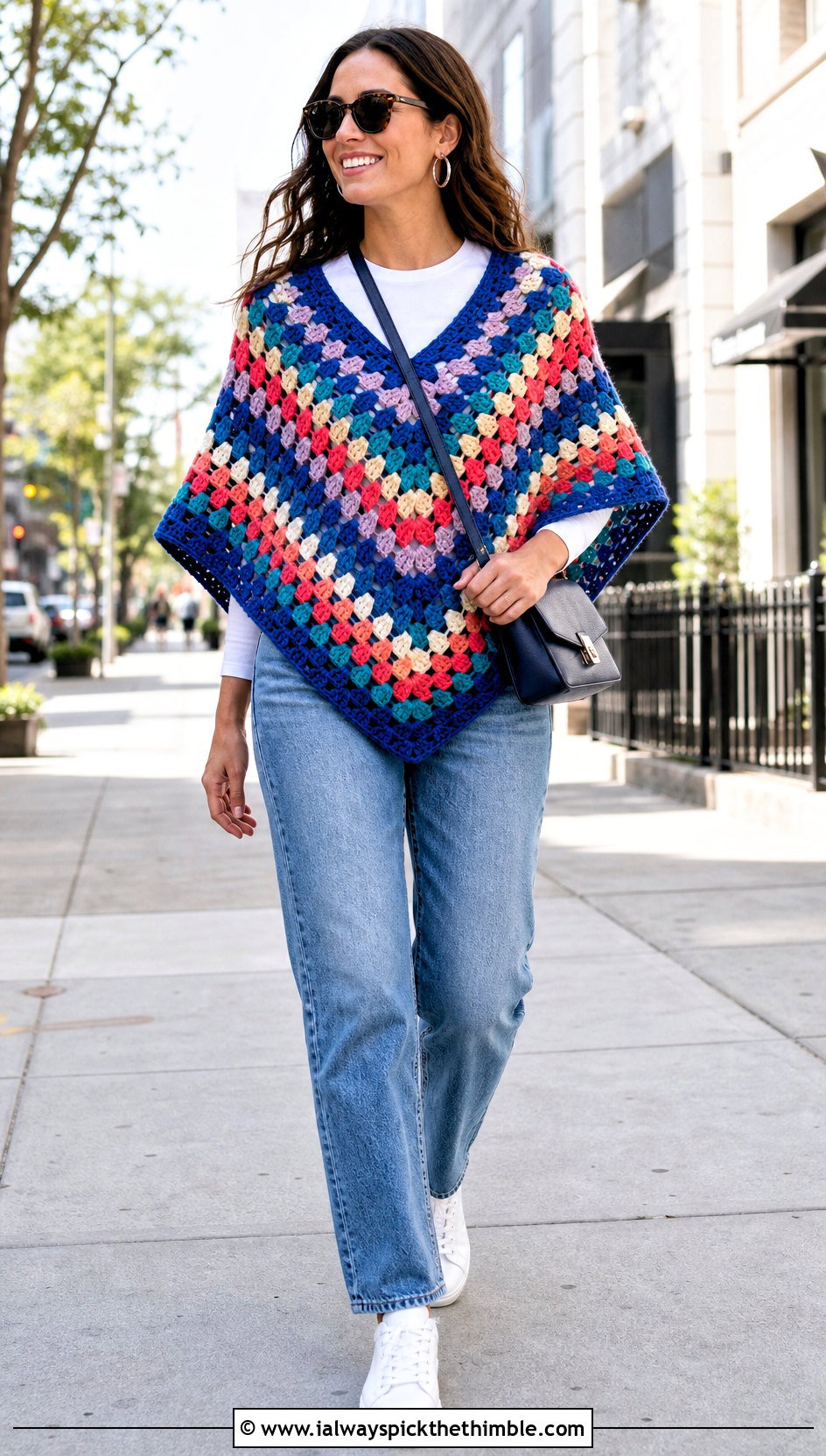 Granny Stitch Circle Poncho With Straight Leg Jeans - 20 Crochet Circle Poncho outfit ideas