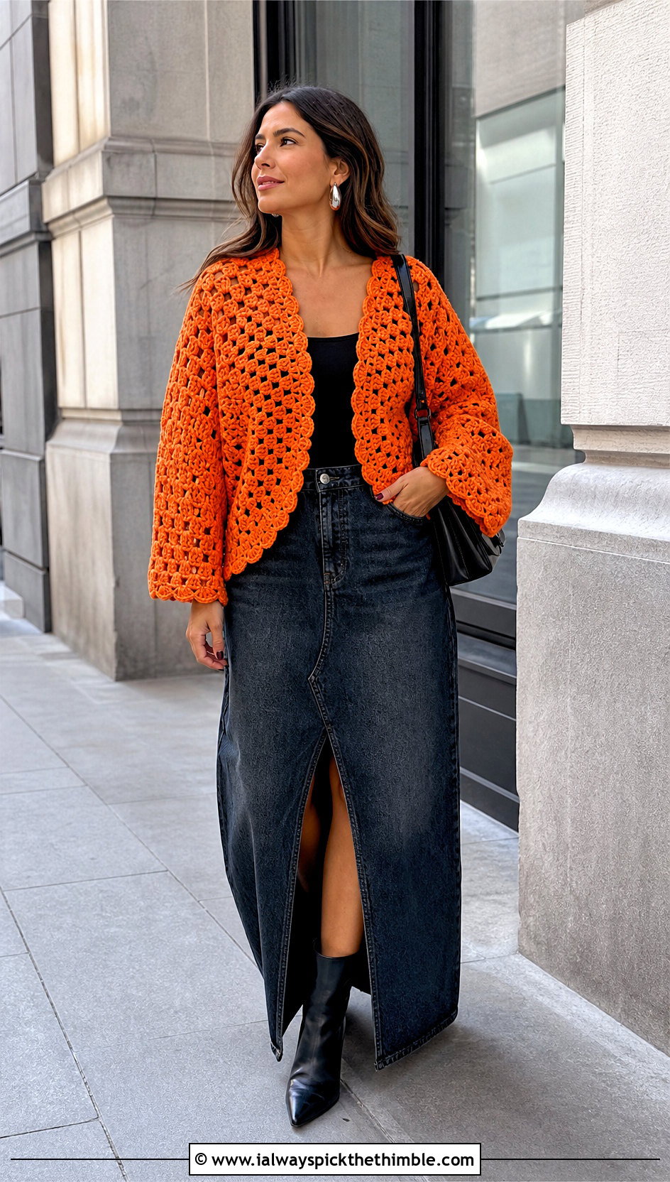 Granny Stitch Circular Jacket With Denim Maxi Skirt - 15 Crochet Circular Jacket outfit ideas