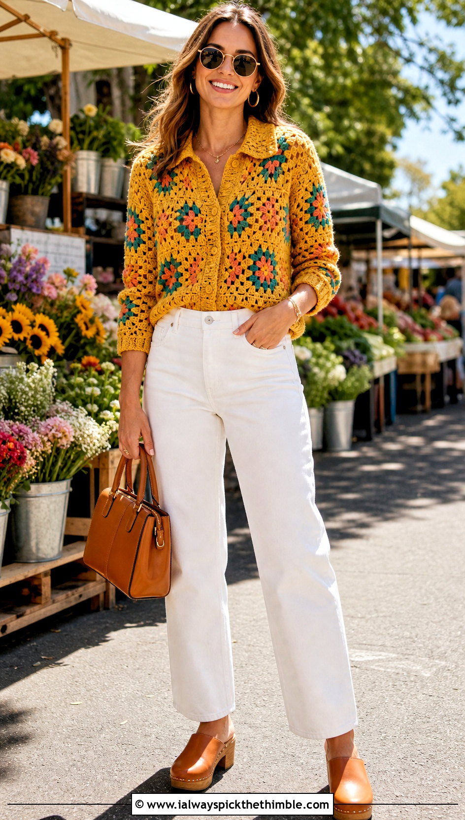Granny Stitch Collared Cardigan With White Jeans - 15 Crochet Cardigan With Collar outfit ideas