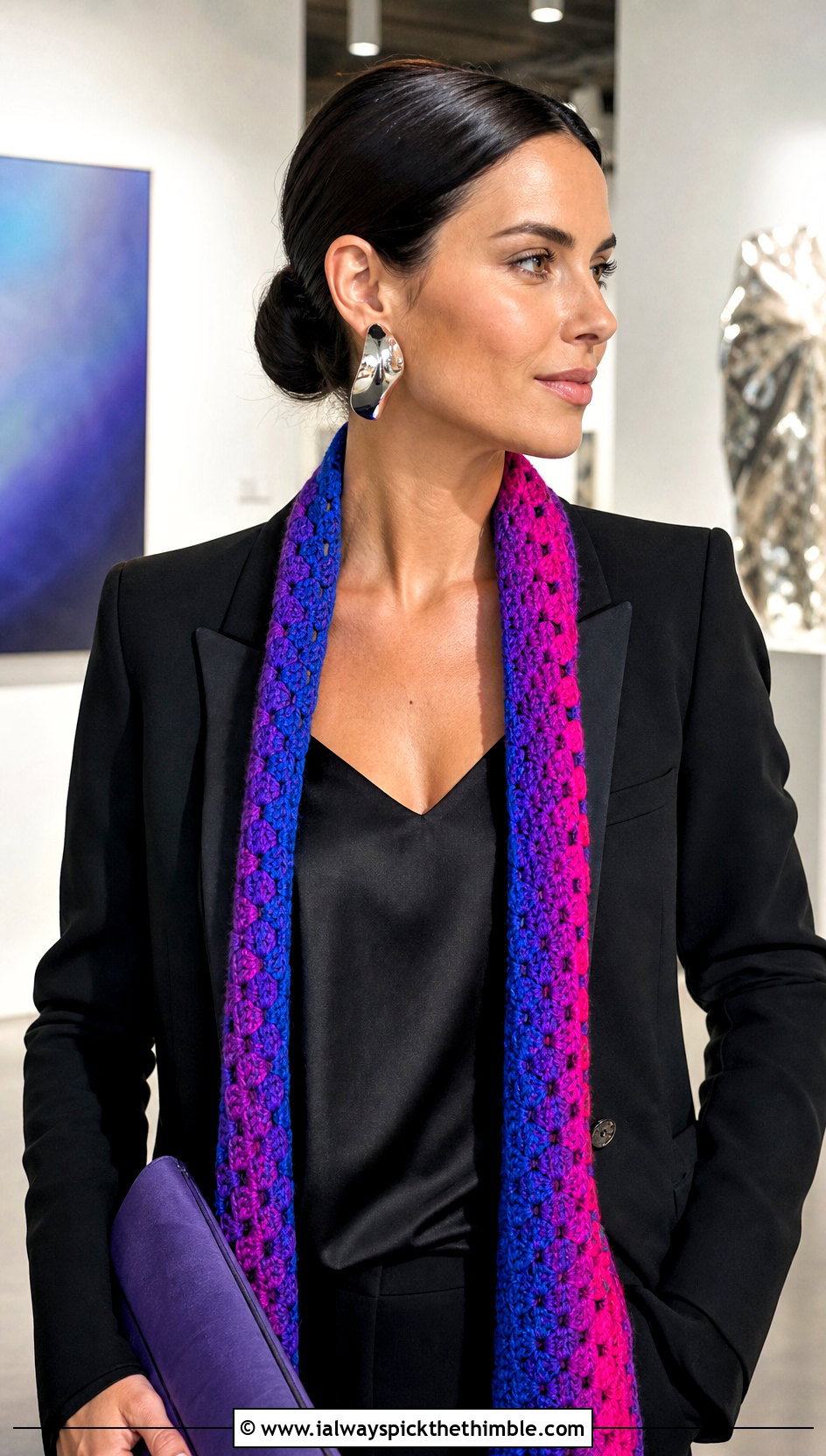 Granny Stitch Color Block Crochet Scarf With Evening Suit - 20 Color Block Crochet Scarf outfit ideas