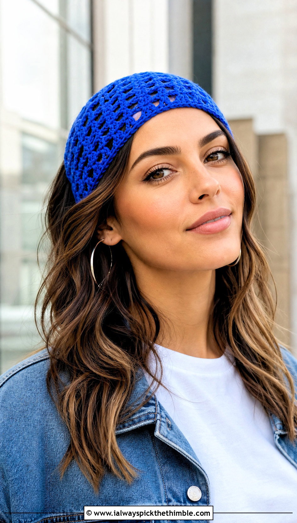 Granny Stitch Crochet Bandana Headband With Denim Jacket - 20 Crochet Bandana Headband outfit ideas