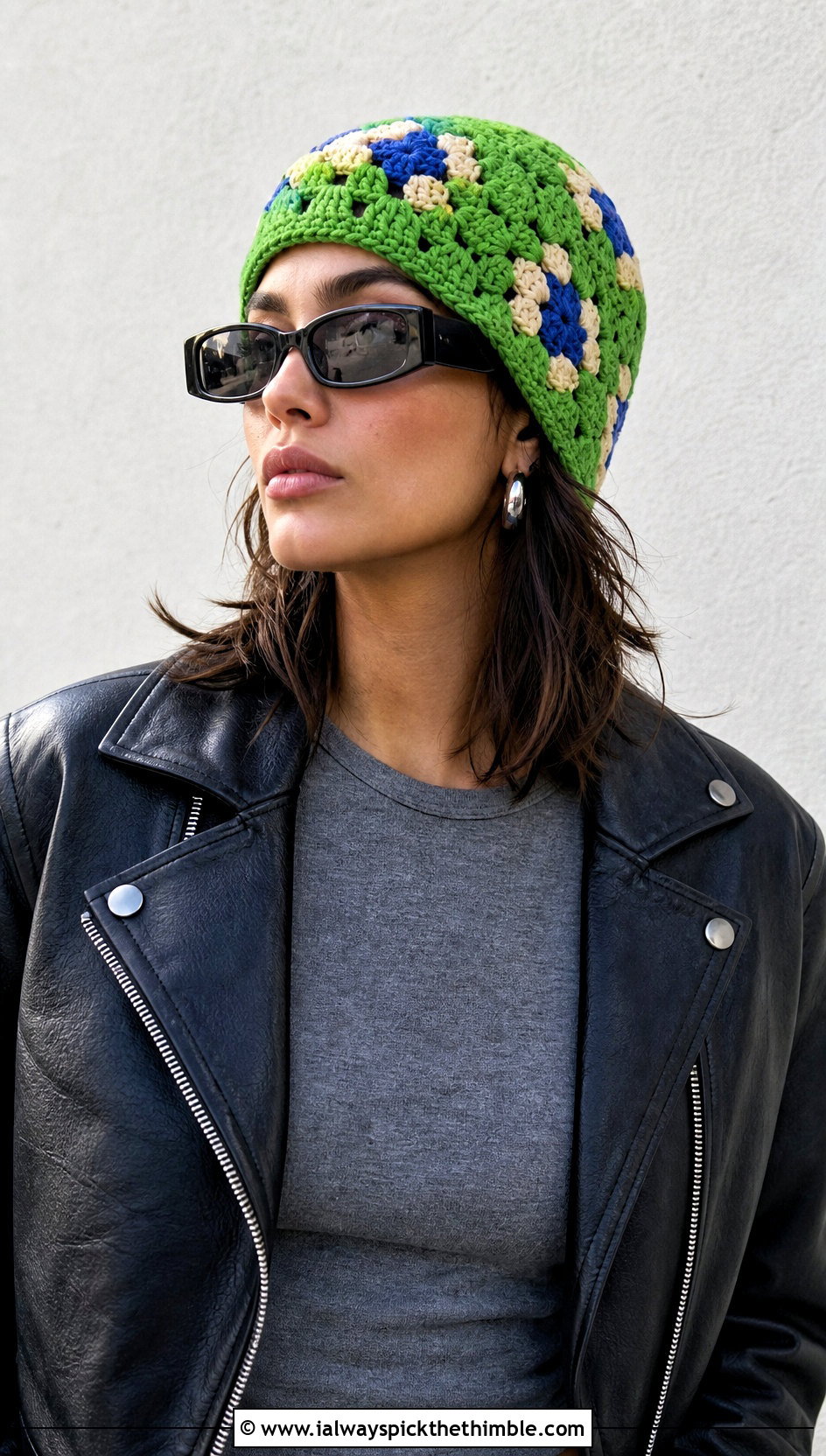 Granny Stitch Crochet Beanie With Leather Jacket - 25 crochet beanie outfit ideas