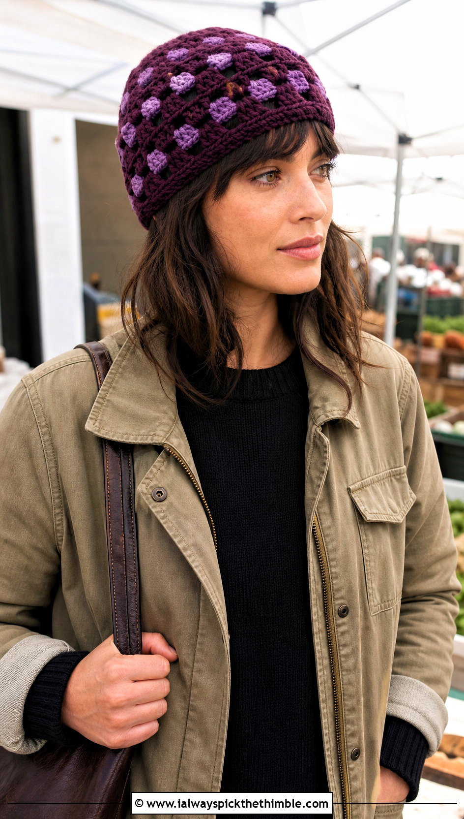 Granny Stitch Crochet Beanie With Utility Jacket And Black Jeans - 20 beginner crochet beanie outfit ideas