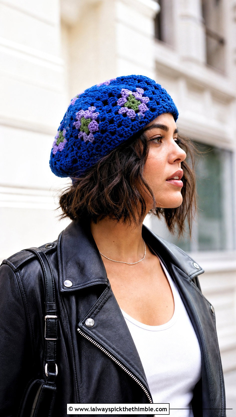 Granny Stitch Crochet Beret With Leather Jacket - 20 crochet berets outfit ideas