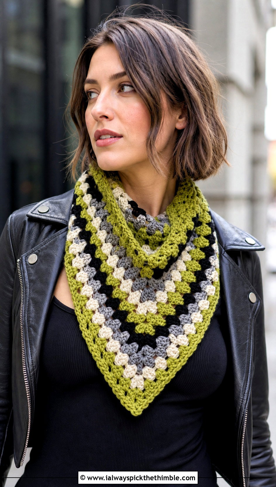 Granny Stitch Crochet Boomerang Scarf With Leather Jacket - 15 Crochet Boomerang Scarf outfit ideas