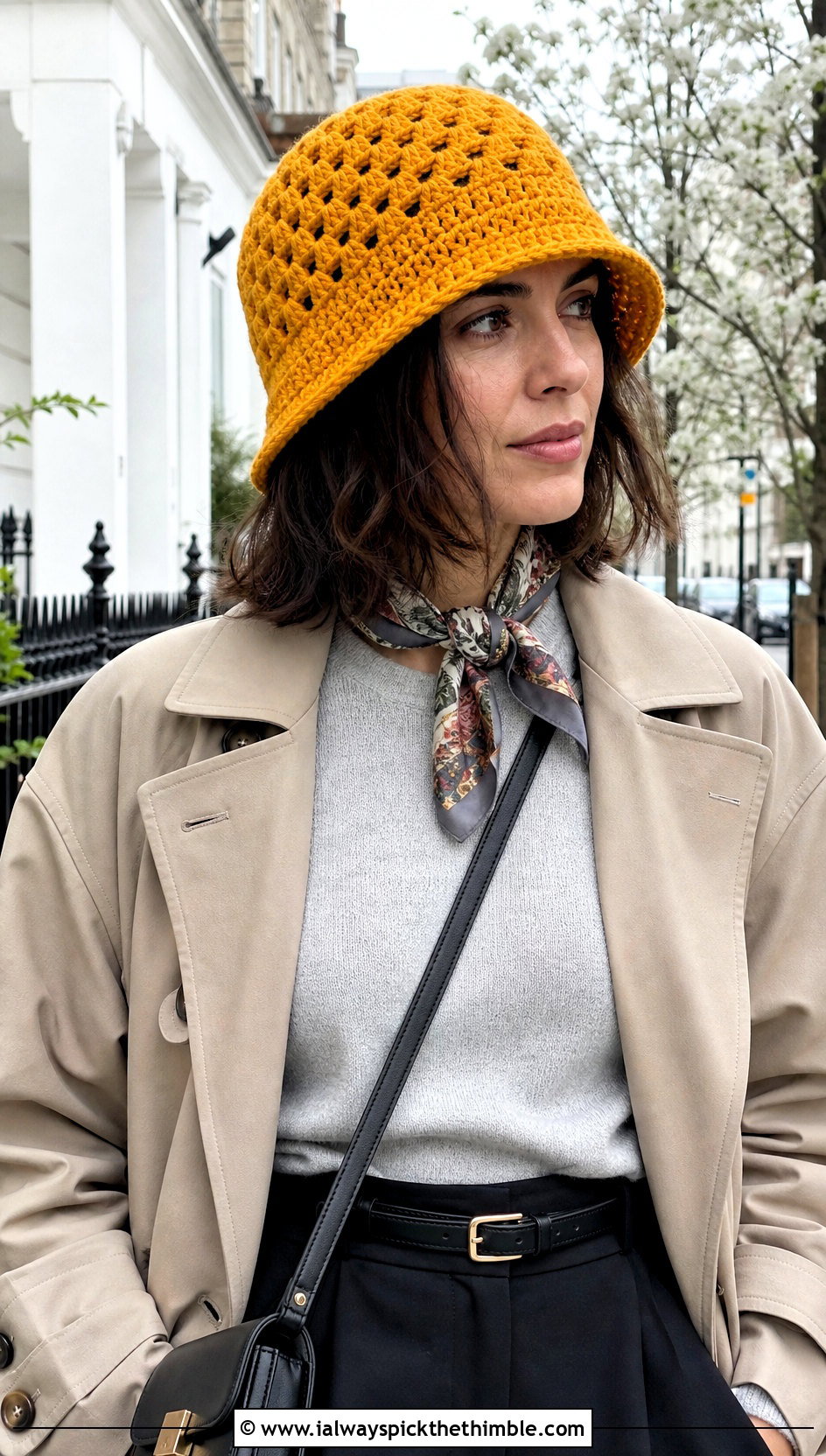 Granny Stitch Crochet Bucket Hat With Trench Coat - 20 Crochet Bucket Hat For Women outfit ideas