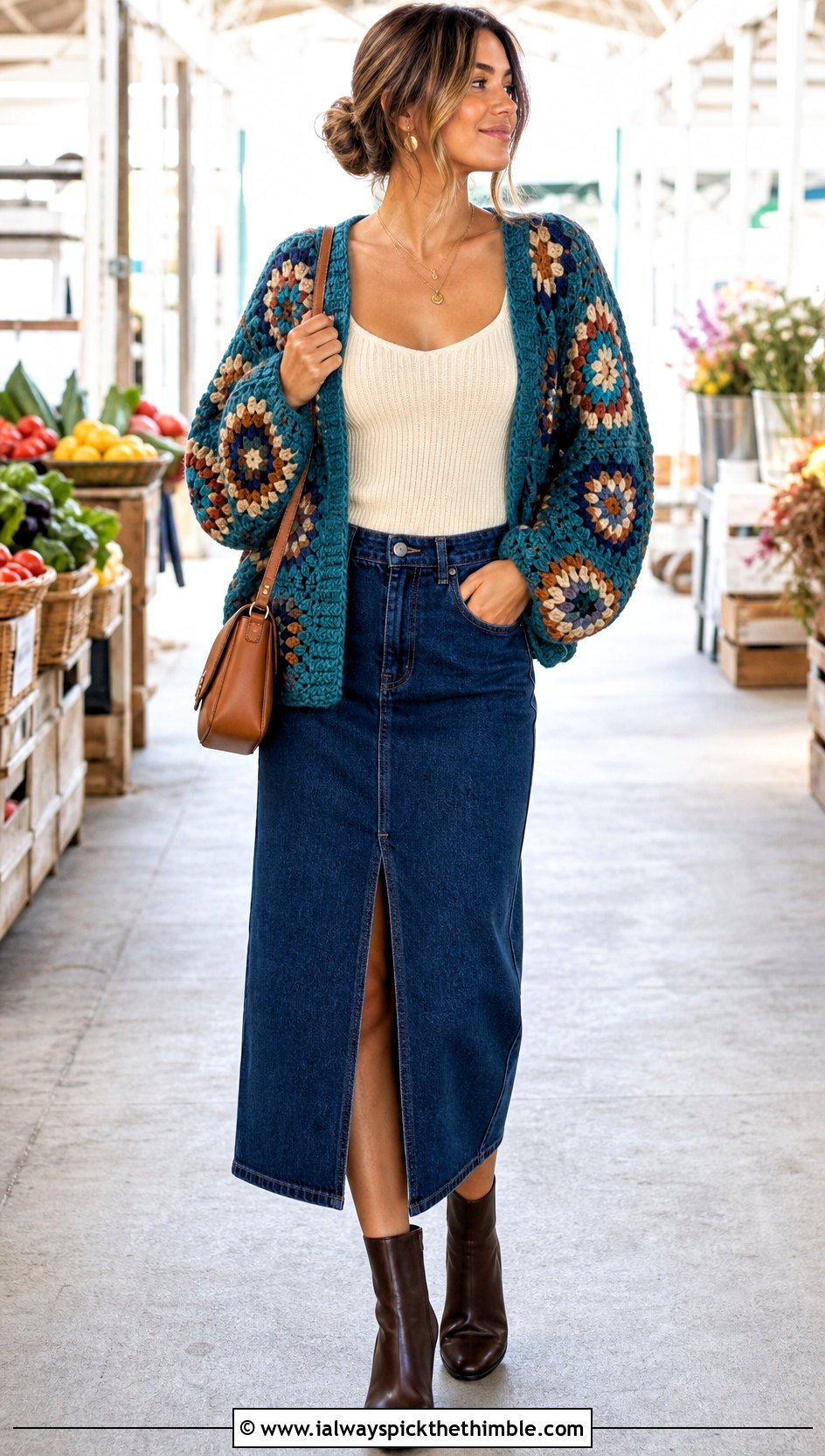 Granny Stitch Crochet Circle Sweater With Denim Skirt - 20 crochet circle sweater outfit ideas