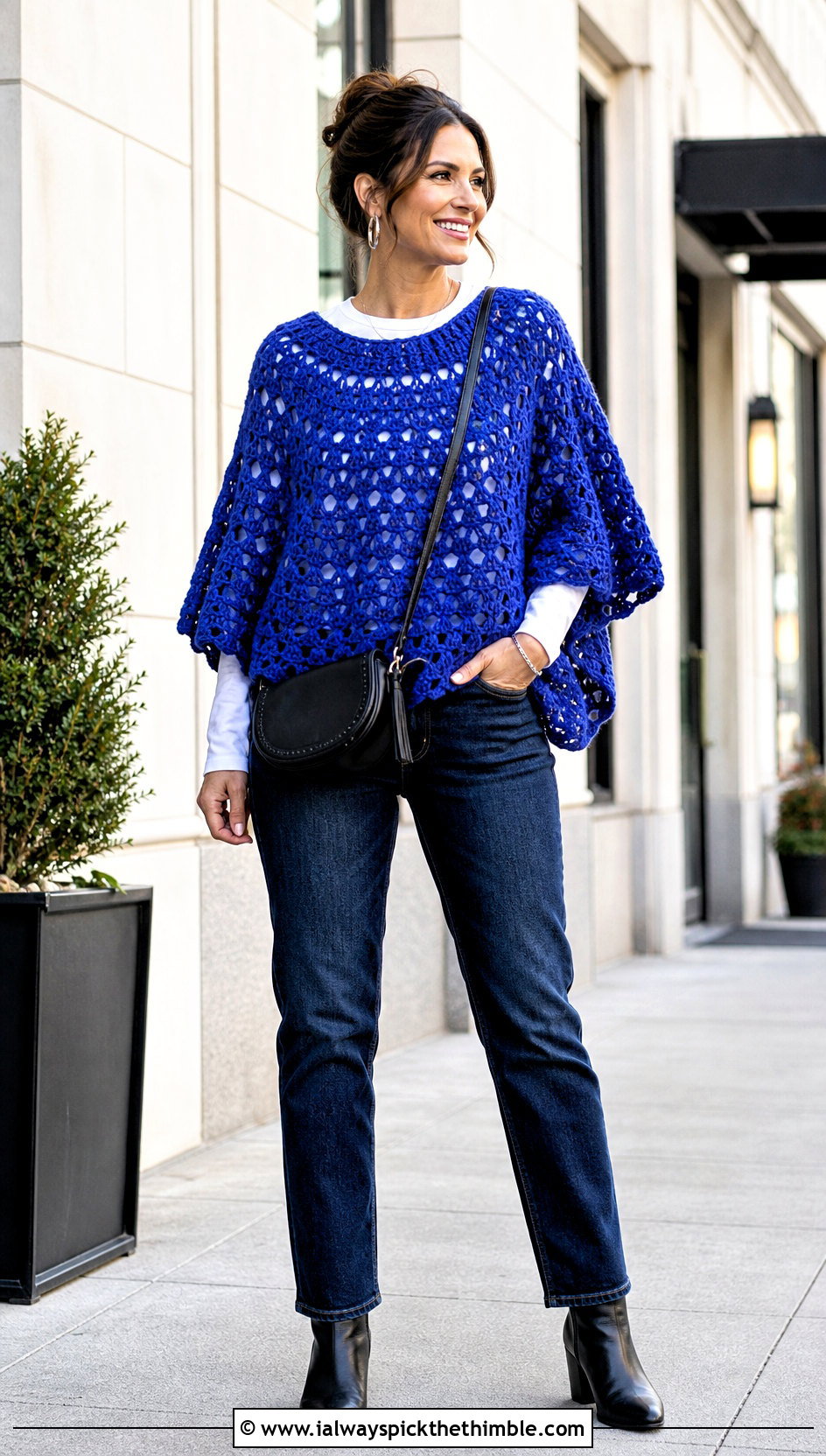 Granny Stitch Crochet Circular Poncho With Straight Leg Jeans - 20 Crochet Circular Poncho outfit ideas