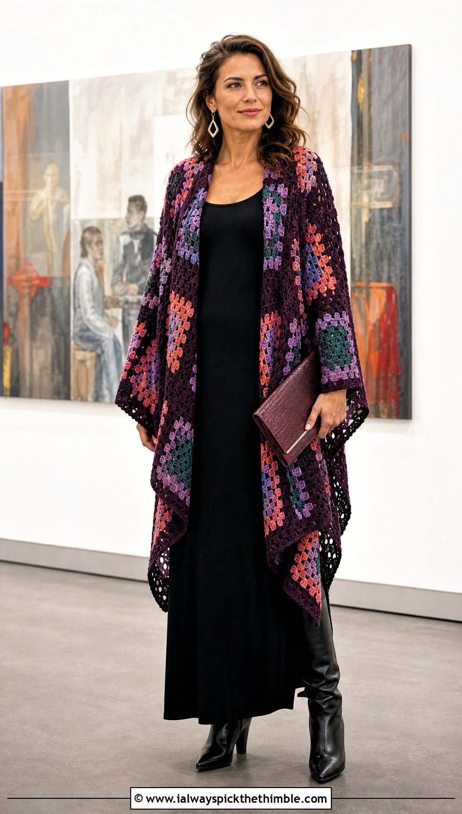 Granny Stitch Crochet Drape Cardigan With Black Maxi Dress - 15 Crochet Drape Cardigan outfit ideas