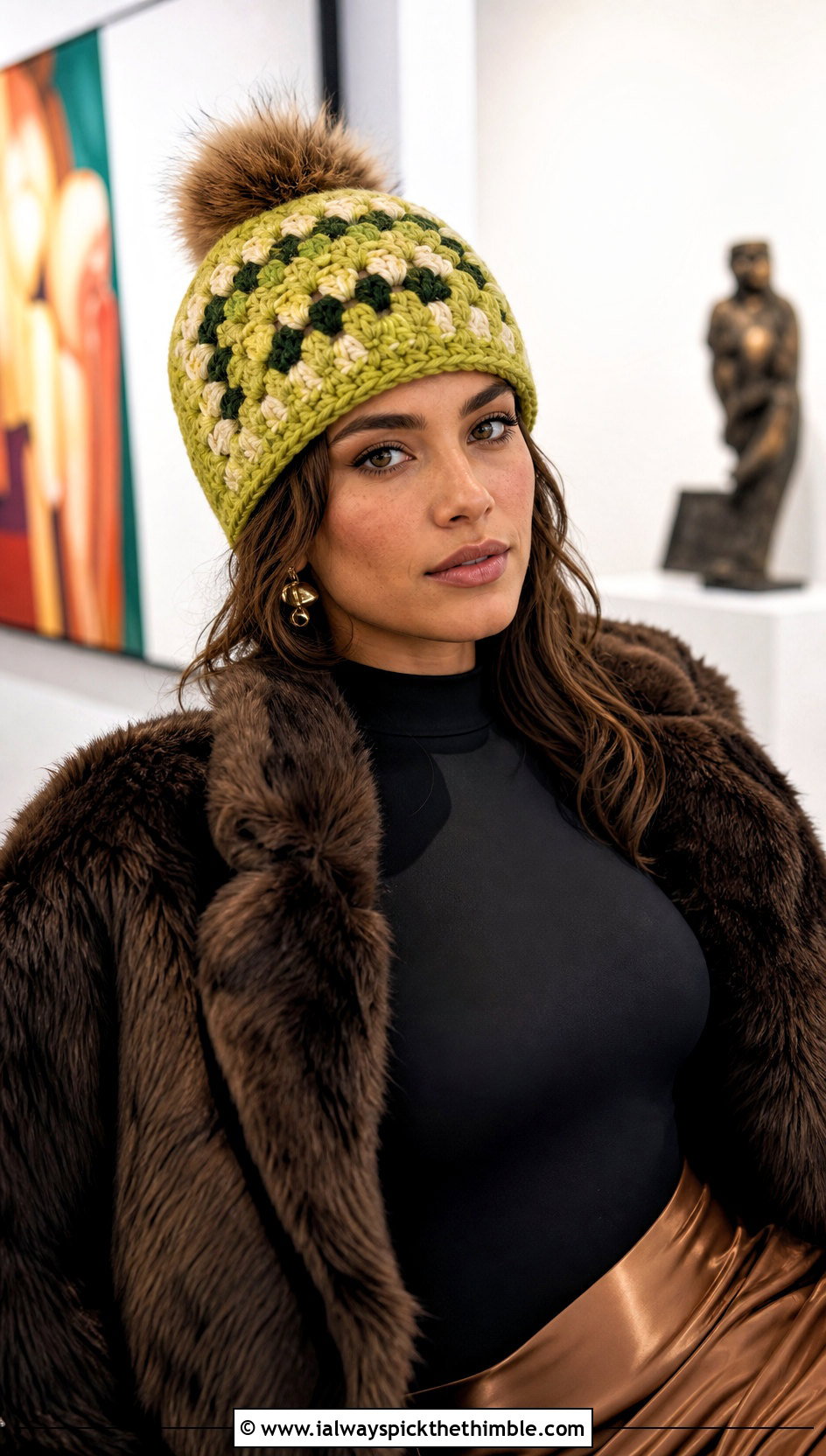 Granny Stitch Crochet Hat With Fur Pom Pom And Faux Fur Coat - 15 Crochet Hat With Fur Pom Pom outfit ideas