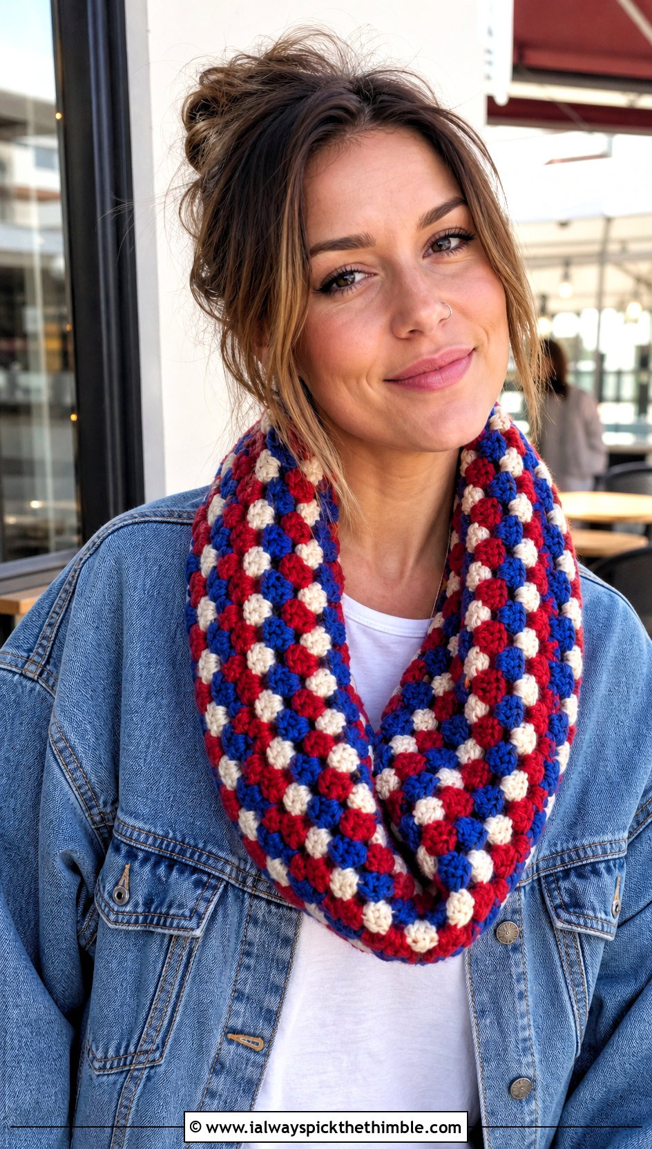 Granny Stitch Crochet Infinity Scarf With Denim Jacket - 20 easy crochet infinity scarf outfit ideas