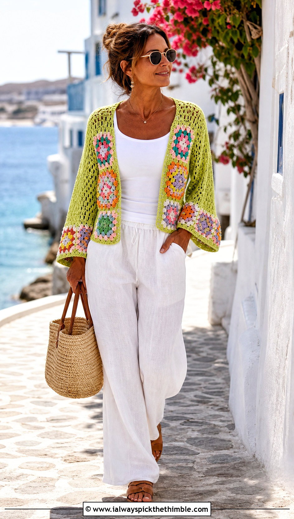 Granny Stitch Crochet Lightweight Sweater With Linen Pants - 20 Crochet Lightweight Sweater outfit ideas