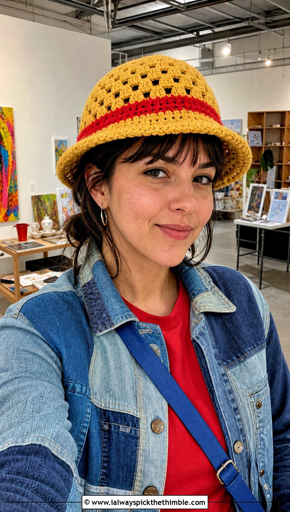 Granny Stitch Crochet Luffy Hat With Patchwork Denim - 15 Crochet Luffy One Piece Hat outfit ideas