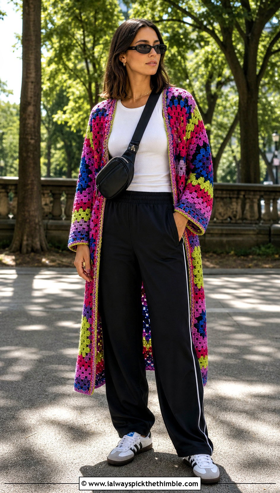 Granny Stitch Crochet One Piece Cardigan With Track Pants - 20 crochet one piece cardigan outfit ideas