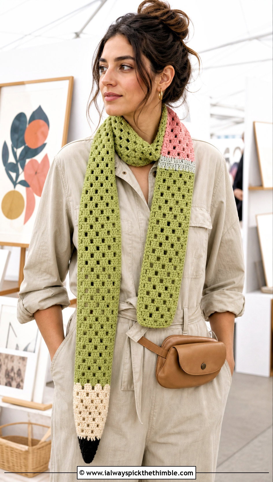 Granny Stitch Crochet Pencil Scarf With Utility Jumpsuit - 20 Crochet Pencil Scarf outfit ideas
