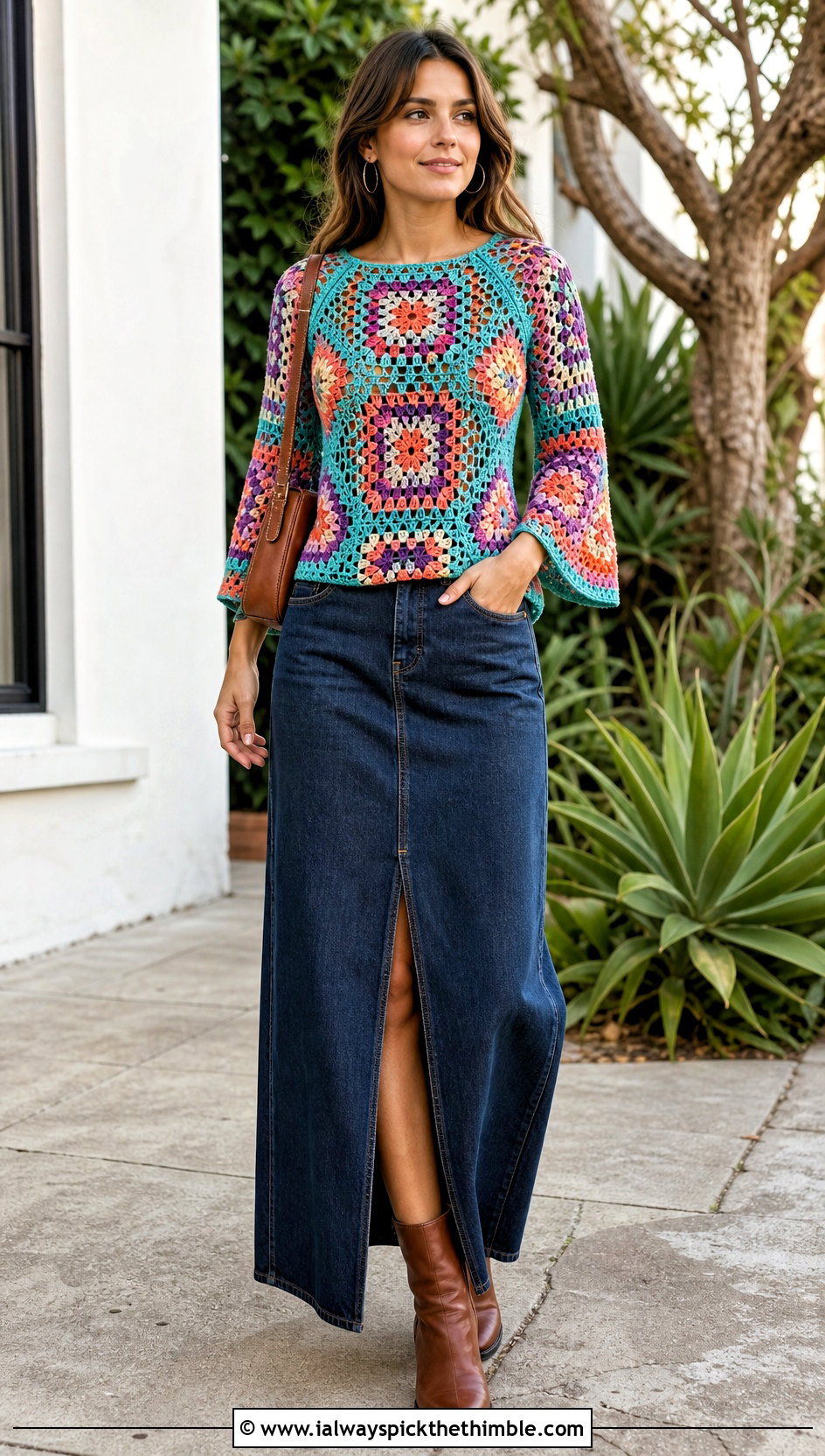 Granny Stitch Crochet Raglan Mesh Top With Denim Maxi Skirt - 20 Crochet Raglan Mesh Top outfit ideas