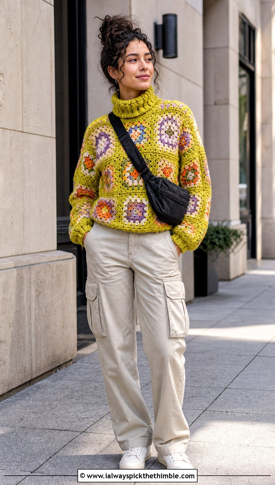 Granny Stitch Crochet Roll Neck Sweater With Cargo Pants - 20 Crochet Roll Neck Sweater outfit ideas