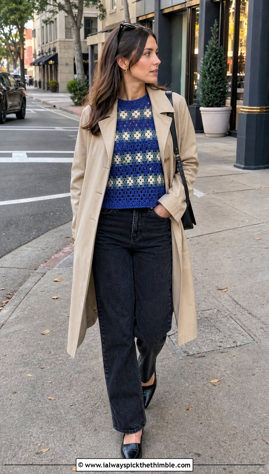 Granny Stitch Crochet Rory Gilmore Sweater With Black Jeans And Trench Coat - 20 crochet rory gilmore sweater outfit ideas