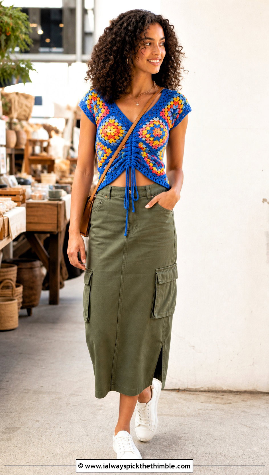 Granny Stitch Crochet Ruched Top With Utility Skirt - 20 crochet ruched top outfit ideas