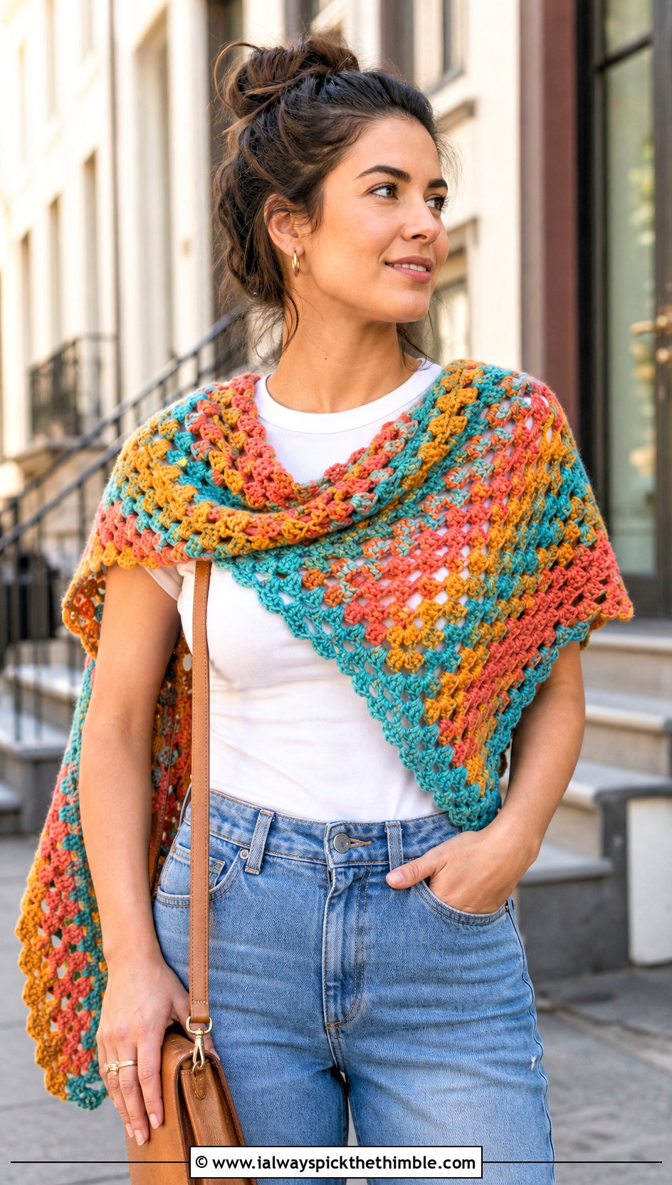 Granny Stitch Crochet Semi Circle Shawl With Jeans - 20 Crochet Semi Circle Shawl outfit ideas