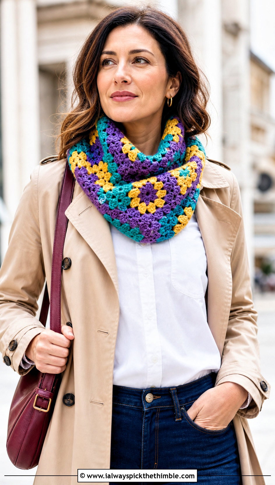 Granny Stitch Crochet Snood Scarf With Trench Coat - 20 snood crochet scarf outfit ideas