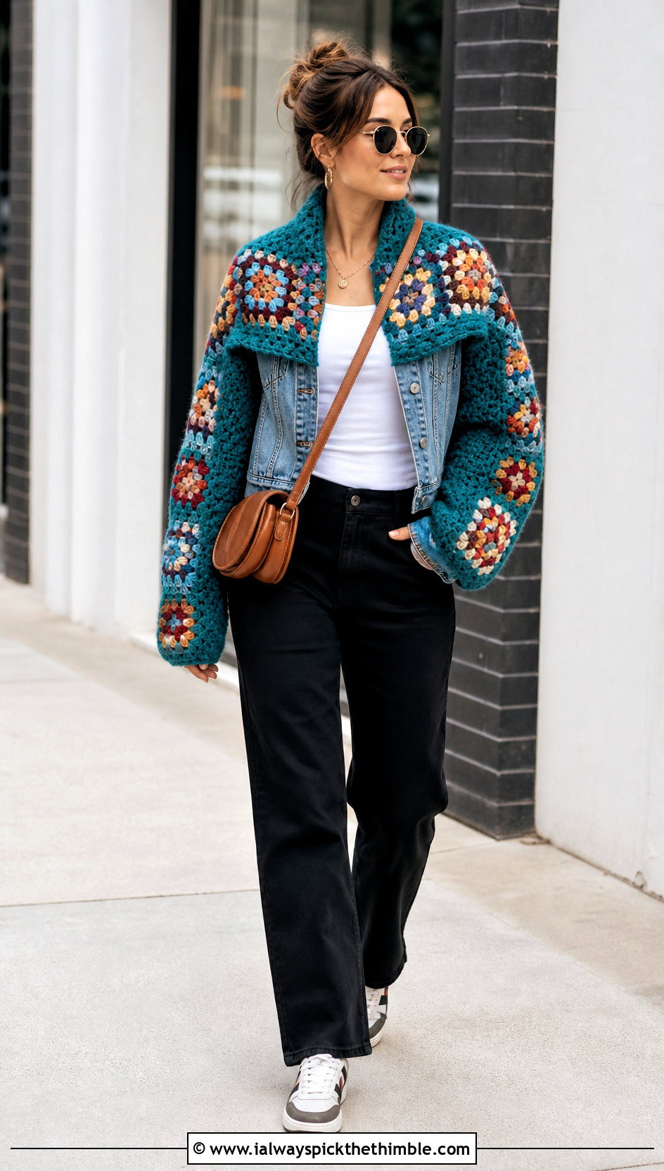 Granny Stitch Crochet Sweater Scarf With Denim Jacket - 20 crochet sweater scarf with sleeves outfit ideas