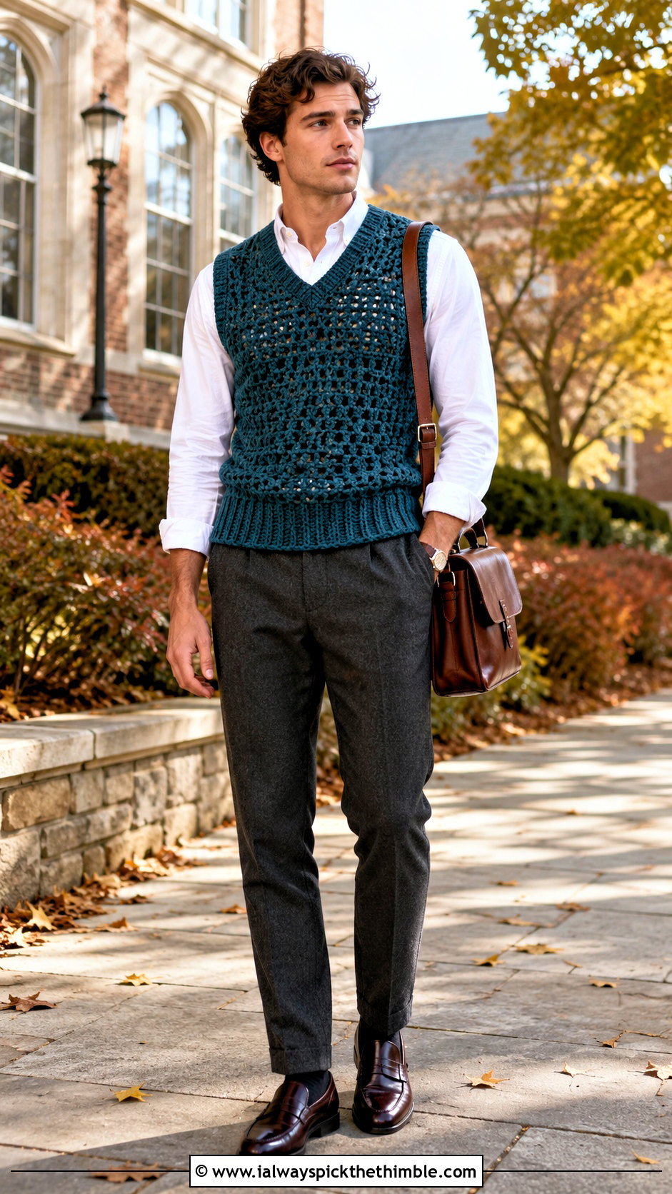 Granny Stitch Crochet Sweater Vest With Oxford Shirt - 25 crochet top men outfit ideas