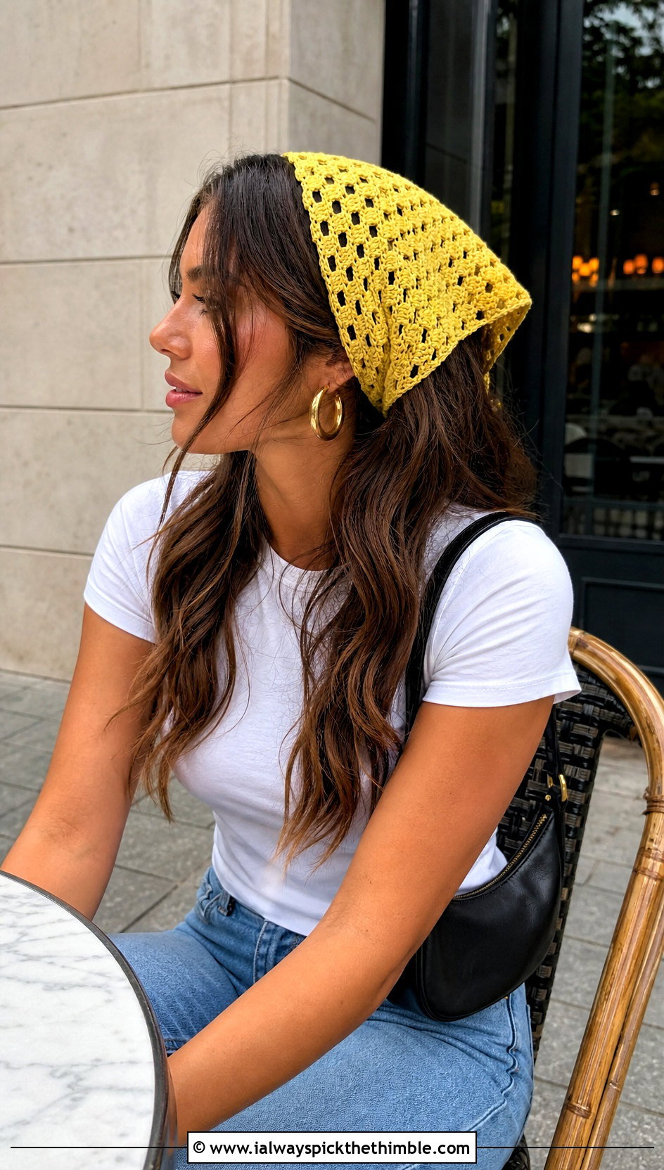 Granny Stitch Crochet Triangle Hair Scarf With White Tee And Jeans - 20 crochet triangle hair scarf outfit ideas