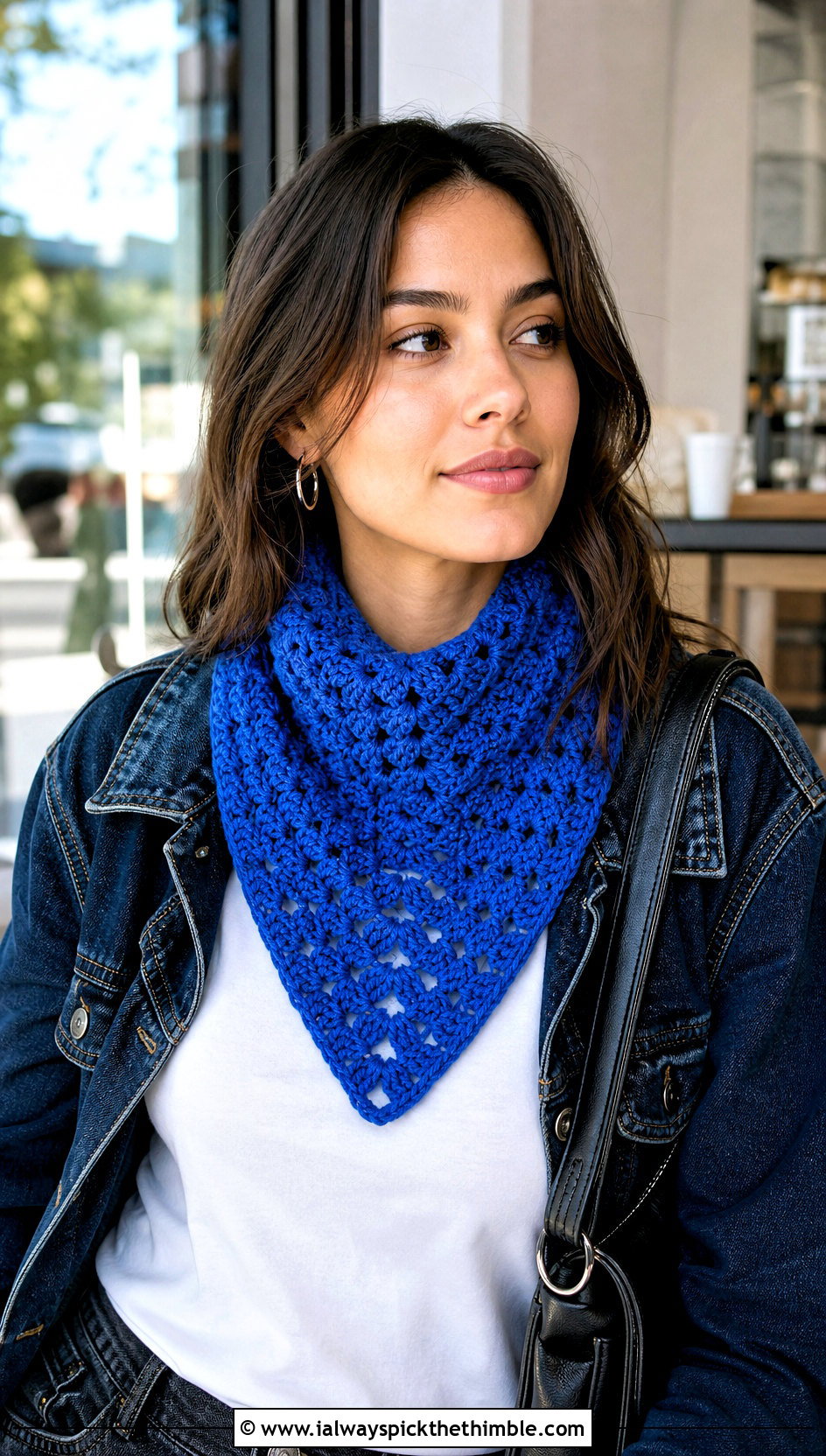Granny Stitch Crochet Triangle Scarf With White Tee And Jeans - 25 crochet triangle scarf outfit ideas